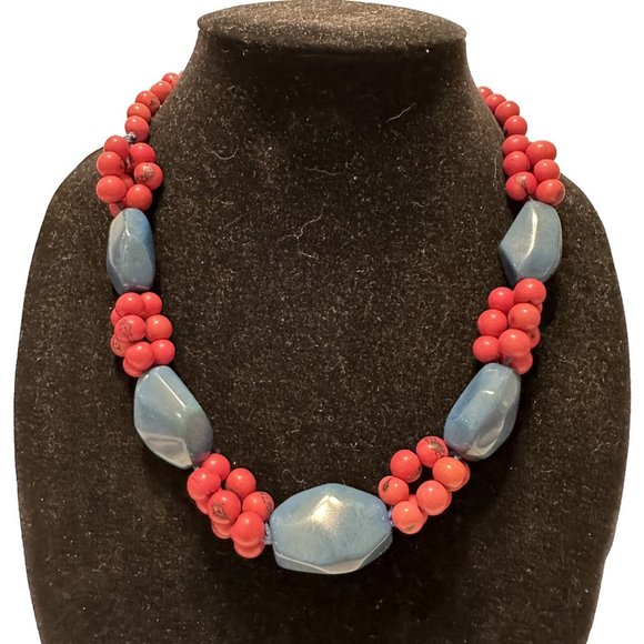 22” Chunky Beaded Statement Necklace Button Closure Red Blue Boho - Picture 1 of 7